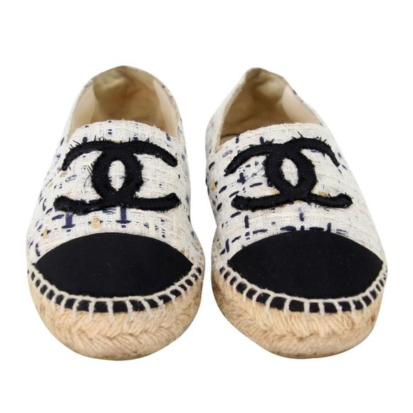Chanel Espadrille 37 Tweed Leather Cap Toe Cc Flats CC-0707N-0008 - Picture 2 of 10